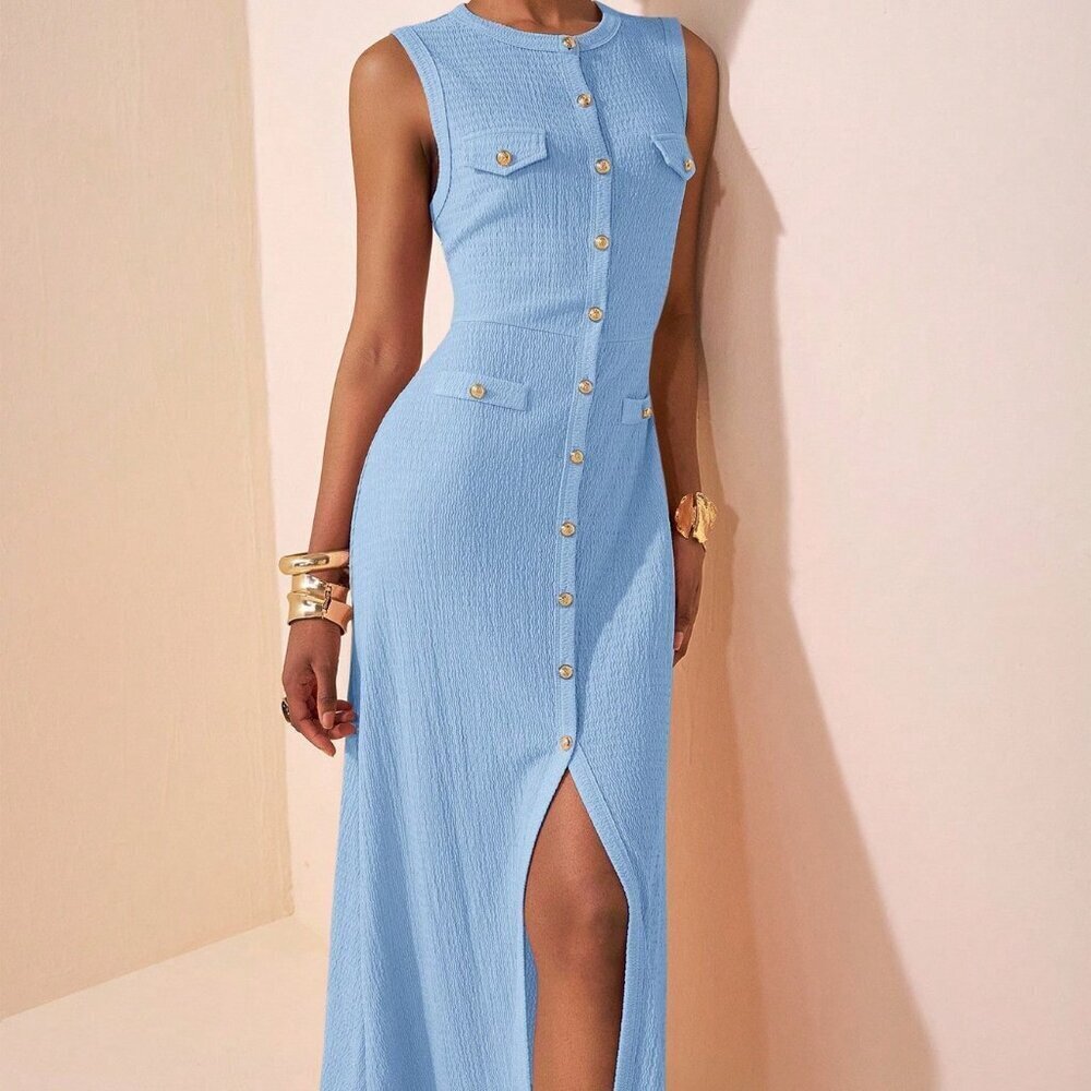 Blue Elegant Women's Round Neck Sleeveless button down Maxi Dress - Picture 5 of 7